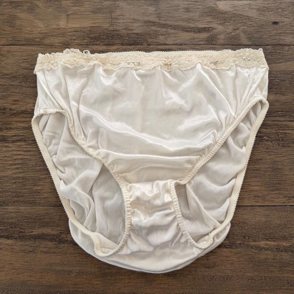 Vintage Victorias Secret Ivory Silky Satin Lace Brief Panties Large High Cut 90s